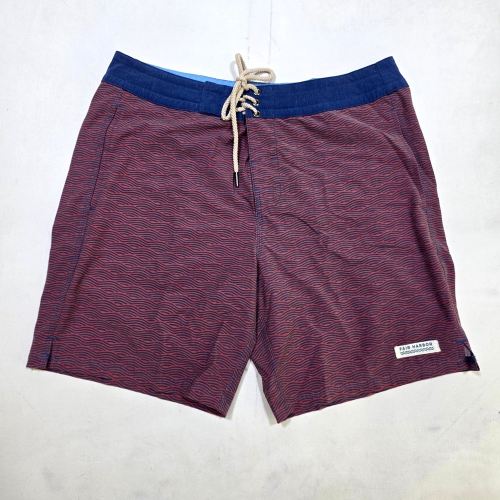Fair Harbor Board Shorts Mens 33 Burgundy Red Blue Wavy Print Swim Trunks Beach